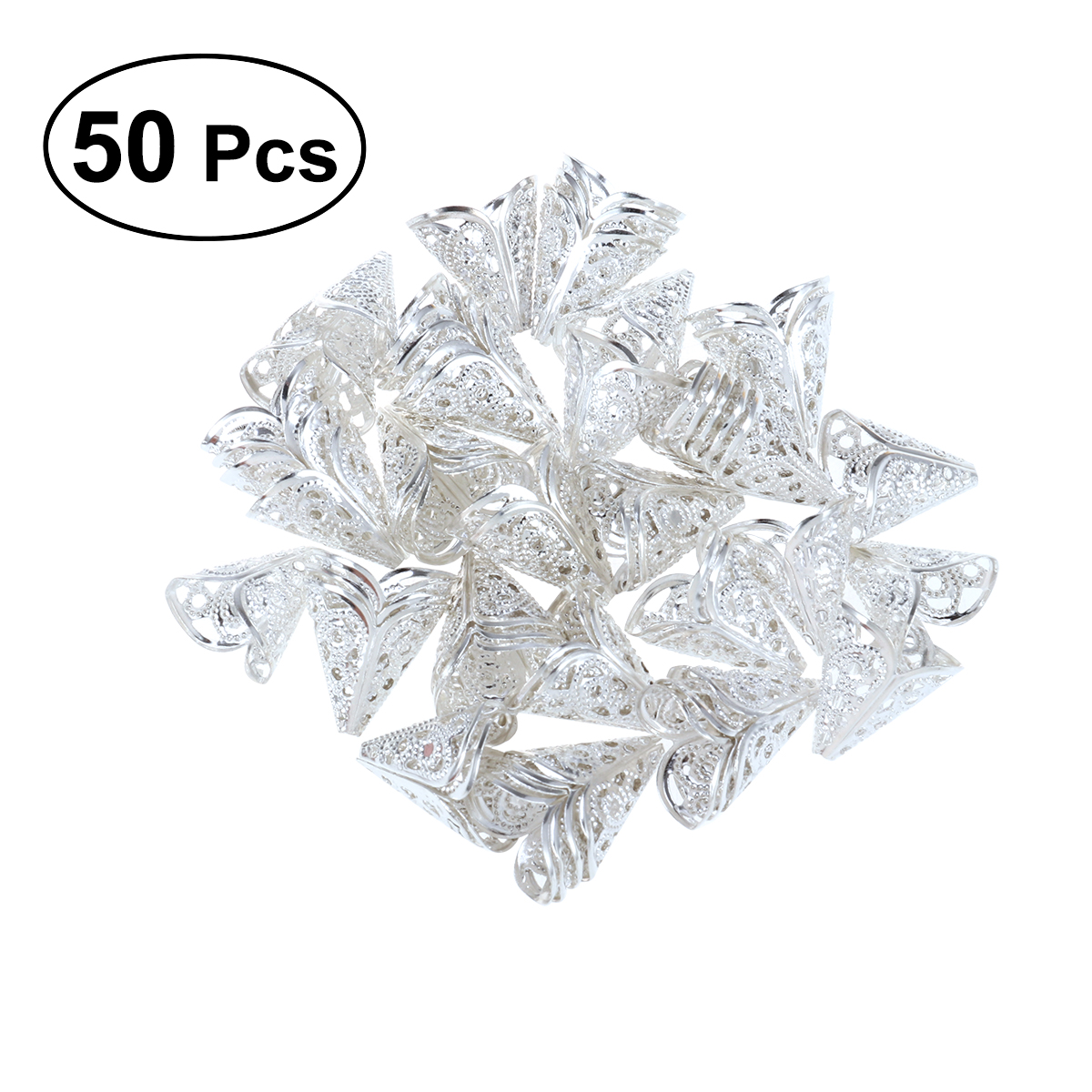 Eease 50 Pcs Metal Filigree Hollow Cone Flower Beads for DIY Jewelry Making 15 x 16mm (Silver)